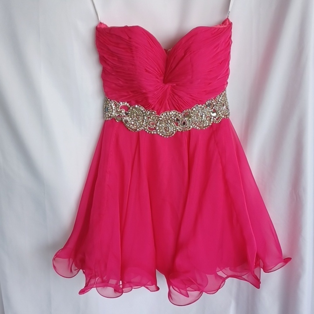 Jovani Hit pink mini dress jewels waistband size 2, 14" PTP, 30"l From Shoulder